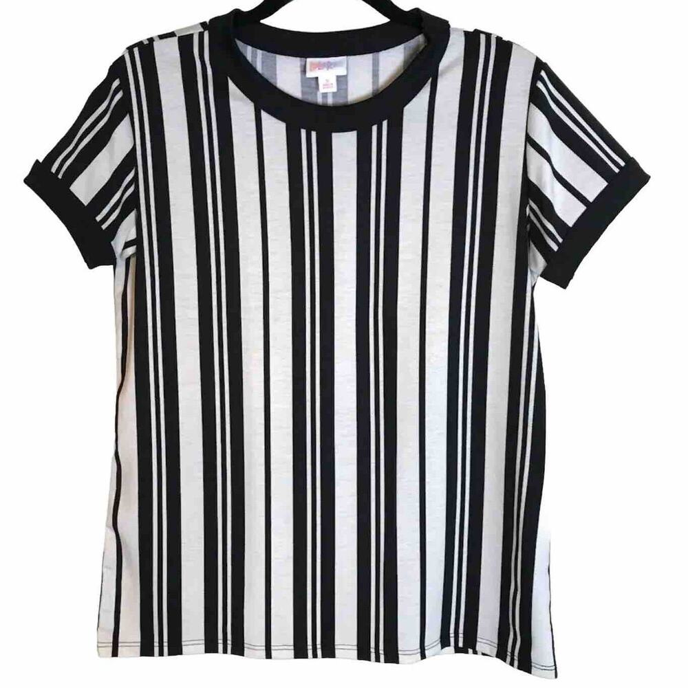 LuLaRoe Women’s Small Liv Short Sleeve Vertical Stripes Crew Neck Black & White